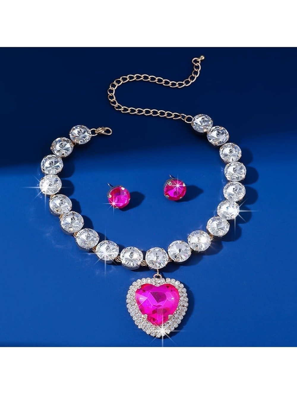 Crystal Tennis Necklace Set with Hot Pink Heart Pendant and Studs